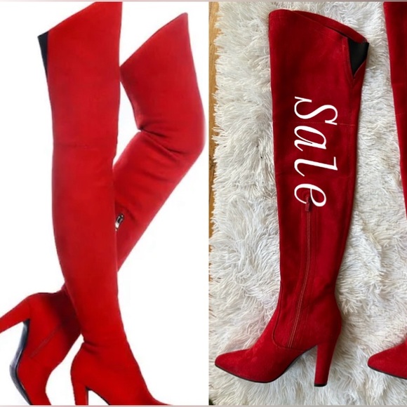 New womens Sz 6.5 over the knee high heels red suede sexy party boots - Picture 1 of 10